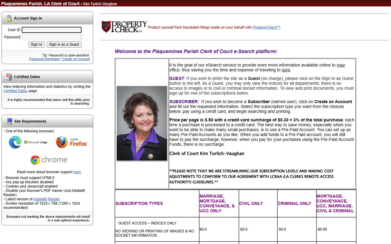 Plaquemines Parish Clerk e-Search portal for court records after arrest