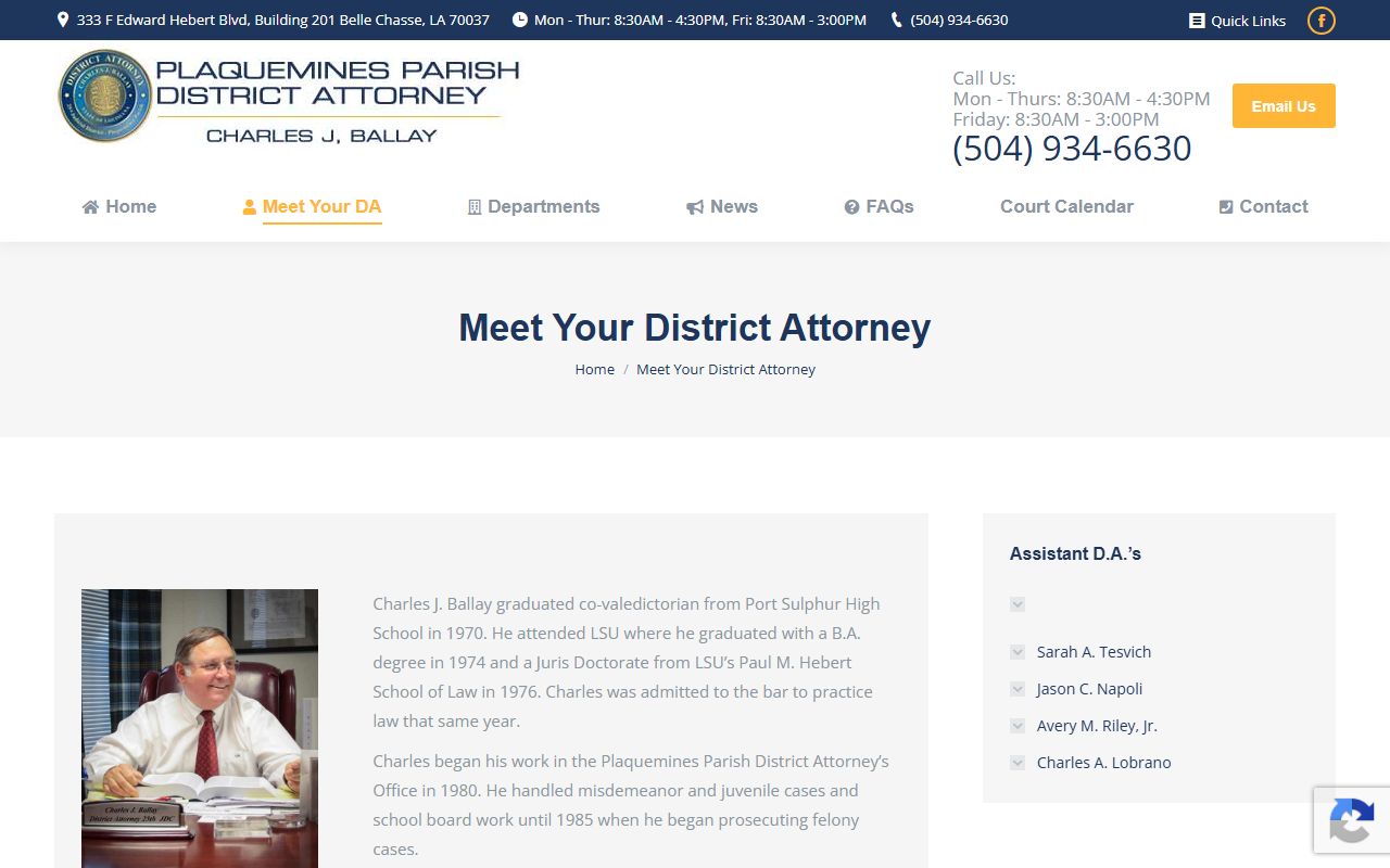 Plaquemines Parish District Attorney page for court records after jail arrest