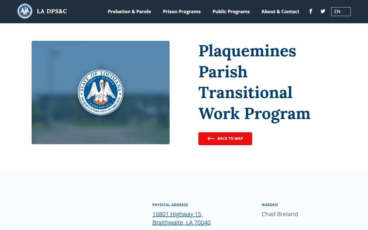 Plaquemines Parish Transitional Work Program DOC custody listing