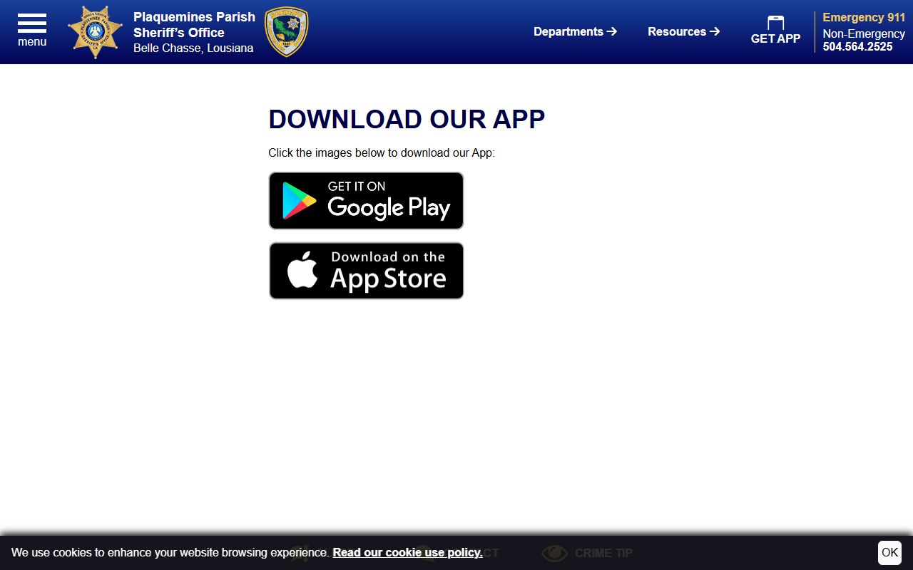 Plaquemines Parish Sheriff LA app page for inmate population users