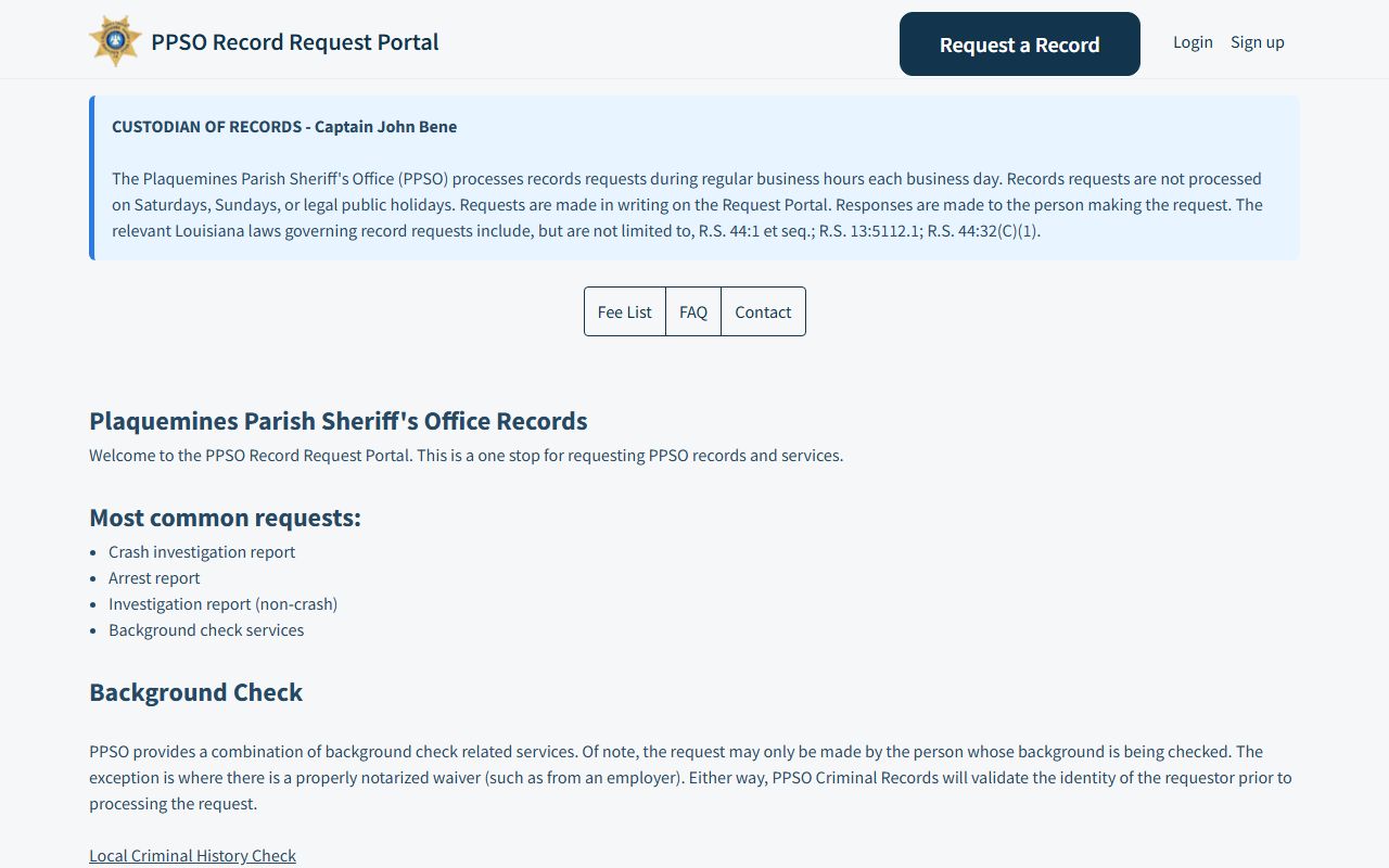 Plaquemines Parish PPSO Freshdesk records request portal for inmate records