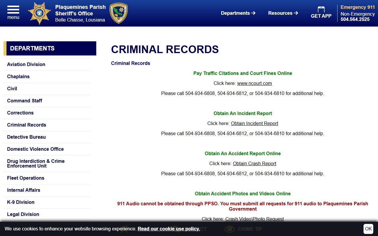 Plaquemines Parish PPSO Criminal Records page for jail mugshots and booking photo requests