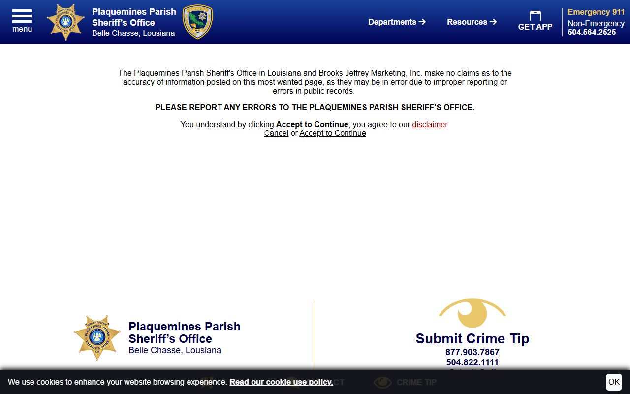 Plaquemines Parish PPSO Most Wanted page separate from jail mugshots