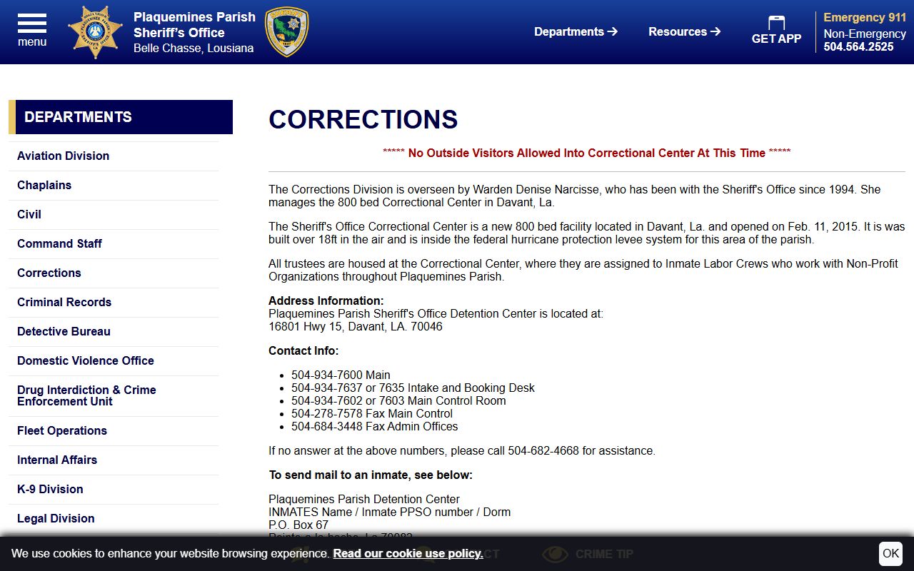 Plaquemines Parish Sheriff's Office Detention Center corrections page and inmate records